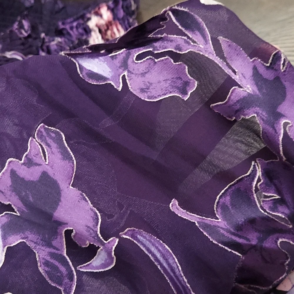 WHITE HOUSE BLACK MARKET M Purple Floral Burnout Silk Blend Off-the-Shoulder Top - Picture 12 of 12